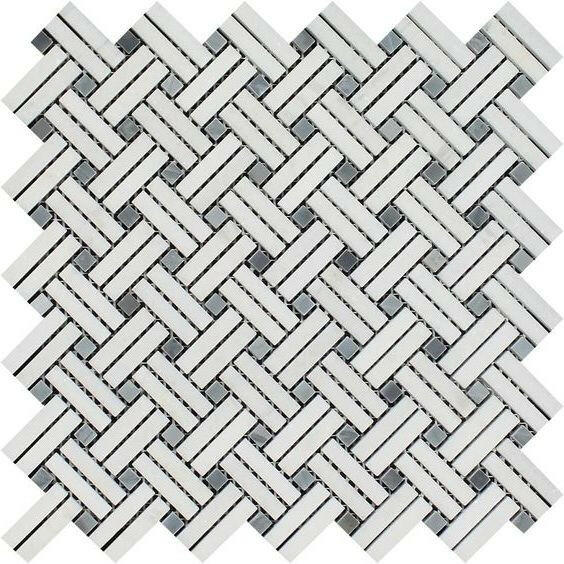 Thassos White Marble Honed Stanza Basketweave Mosaic Tile w/ Blue-gray Dots-American Tile Depot