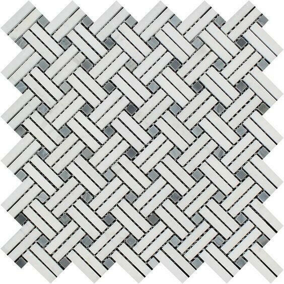 Thassos White Marble Honed Stanza Basketweave Mosaic Tile w/ Blue-gray Dots-American Tile Depot