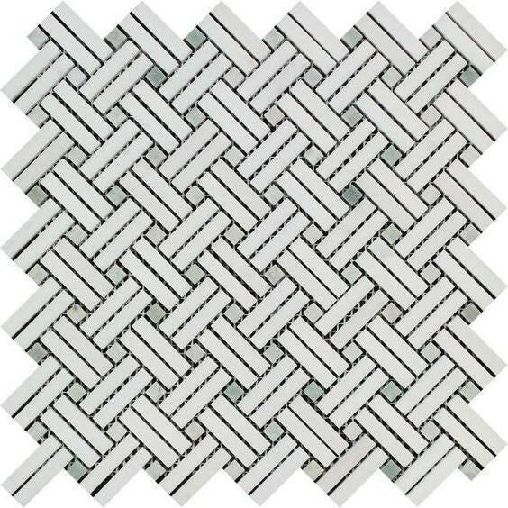 Thassos White Marble Honed Stanza Basketweave Mosaic Tile w/ Ming Green Dots-American Tile Depot