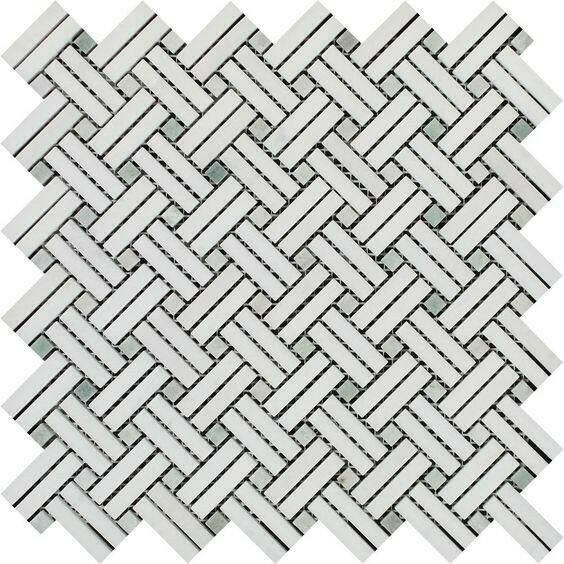 Thassos White Marble Honed Stanza Basketweave Mosaic Tile w/ Ming Green Dots-American Tile Depot
