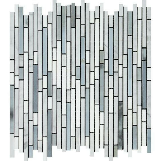 Thassos White Marble Honed Tricolor (Thassos + Carrara + Blue-Gray) Bamboo Sticks Mosaic-American Tile Depot