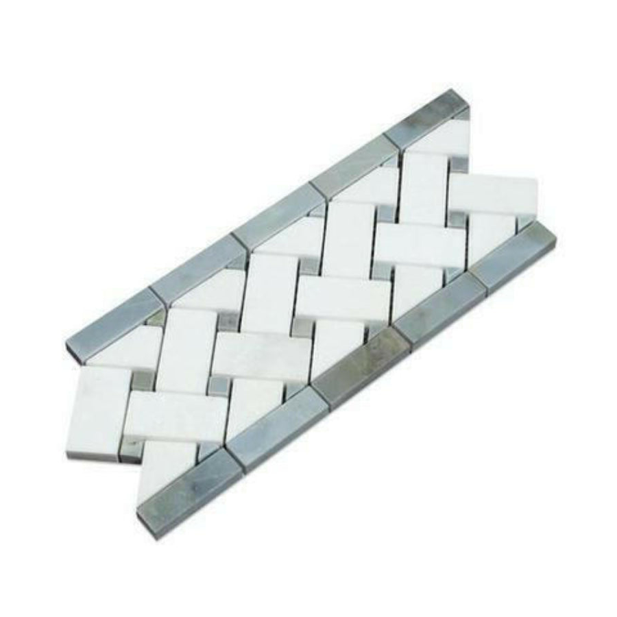 Thassos White Marble Polished Basketweave Border Listello w/ Blue-Gray Dots - American Tile Depot