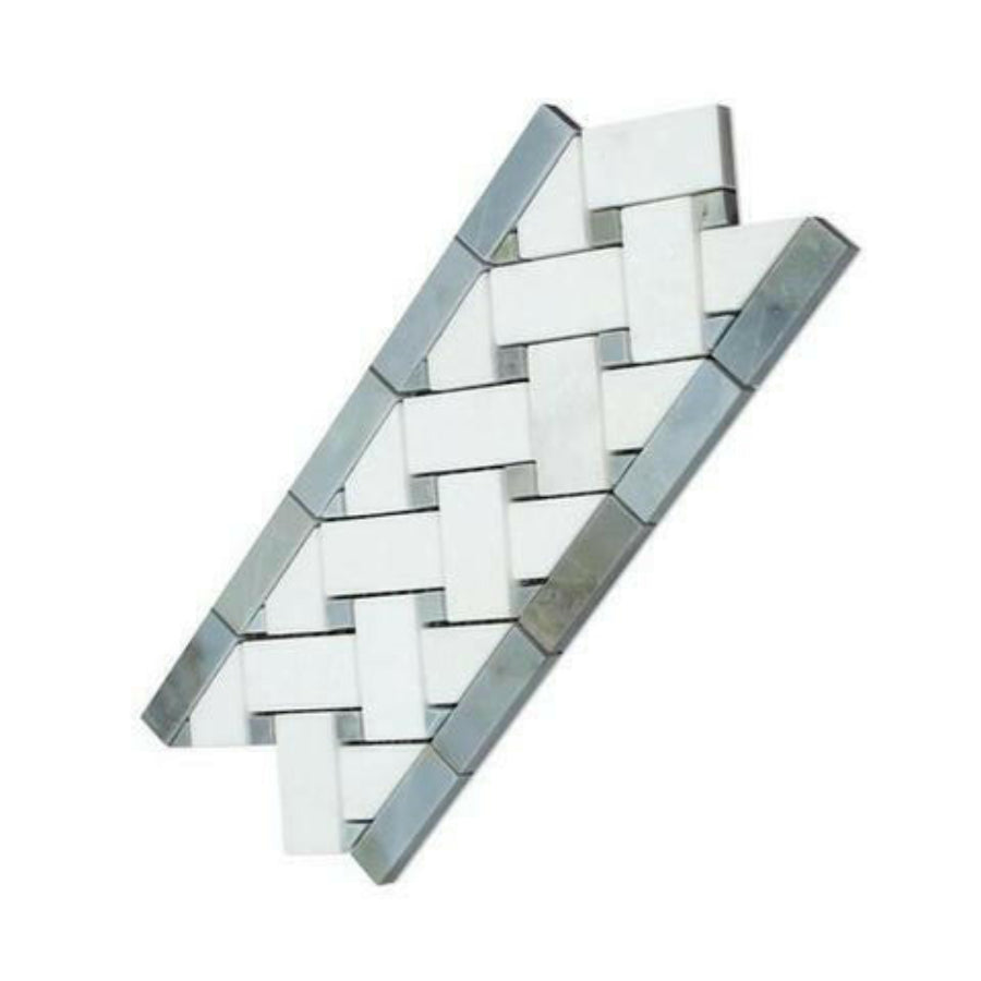 Thassos White Marble Polished Basketweave Border Listello w/ Blue-Gray Dots - American Tile Depot