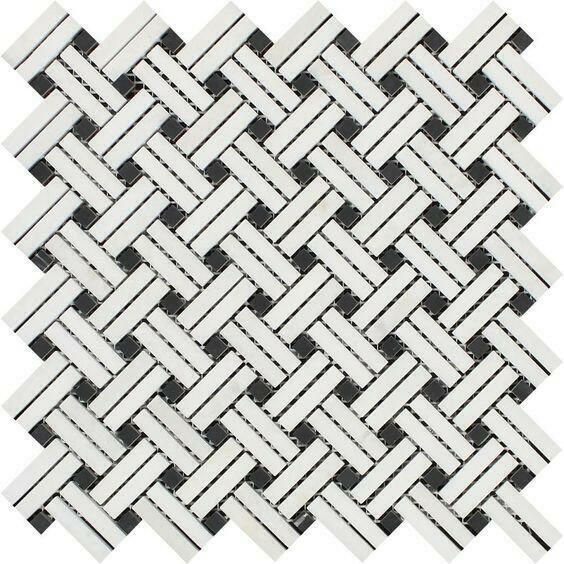Thassos White Marble Polished Stanza Basketweave Mosaic Tile w/ Black Dots-American Tile Depot