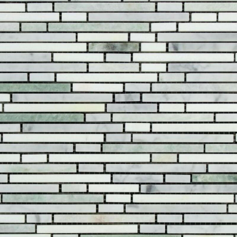 Thassos White Marble Polished Tricolor (Thassos + Carrara + Ming-Green) Bamboo Sticks Mosaic-American Tile Depot