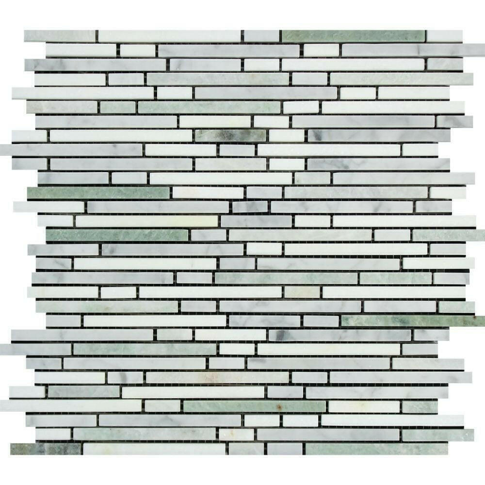 Thassos White Marble Polished Tricolor (Thassos + Carrara + Ming-Green) Bamboo Sticks Mosaic-American Tile Depot
