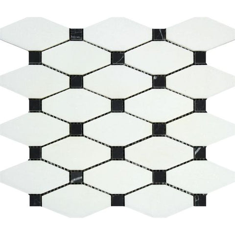 Thassos White Marble Polished Octave Pattern Mosaic Tile w/ Black Dots