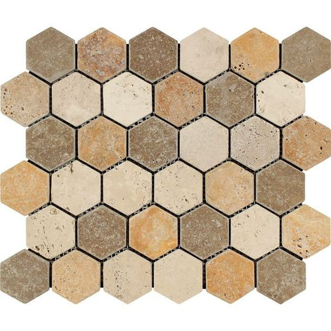 Mixed Travertine Tumbled 2'' Hexagon Mosaic Tile