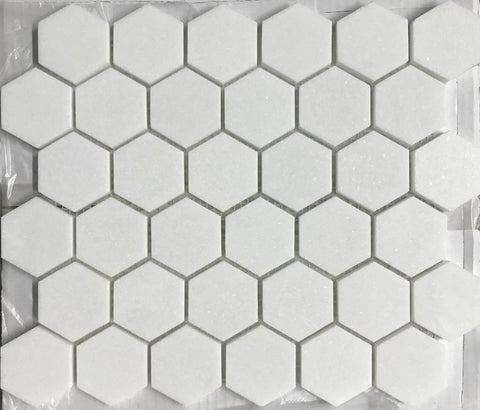 Thassos White Marble Polished 2" Hexagon Mosaic Tile - American Tile Depot - Shower, Backsplash, Bathroom, Kitchen, Deck & Patio, Decorative, Floor, Wall, Ceiling, Powder Room, Indoor, Outdoor, Commercial, Residential, Interior, Exterior