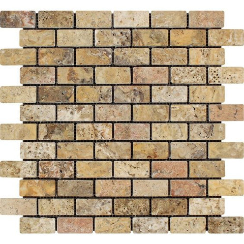 1 X 2 Scabos Travertine Tumbled Brick Mosaic Tile - American Tile Depot - Shower, Backsplash, Bathroom, Kitchen, Deck & Patio, Decorative, Floor, Wall, Ceiling, Powder Room, Indoor, Outdoor, Commercial, Residential, Interior, Exterior