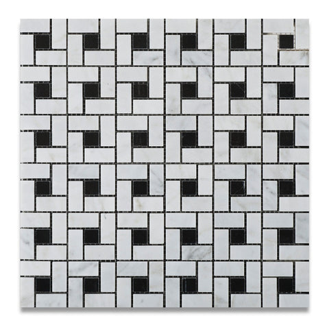 Carrara White Marble Honed Pinwheel Mosaic Tile w/ Black Dots - American Tile Depot - Commercial and Residential (Interior & Exterior), Indoor, Outdoor, Shower, Backsplash, Bathroom, Kitchen, Deck & Patio, Decorative, Floor, Wall, Ceiling, Powder Room - 1