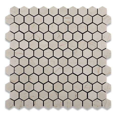 Crema Marfil Marble Honed 1" Mini Hexagon Mosaic Tile - American Tile Depot - Commercial and Residential (Interior & Exterior), Indoor, Outdoor, Shower, Backsplash, Bathroom, Kitchen, Deck & Patio, Decorative, Floor, Wall, Ceiling, Powder Room - 1