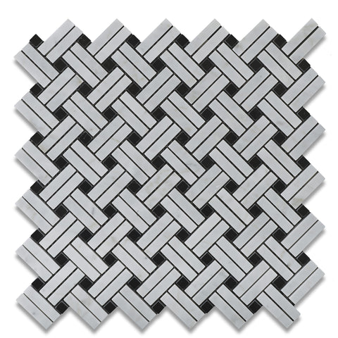 Carrara White Marble Polished Stanza Basketweave Mosaic Tile w/ Black Dots - American Tile Depot - Commercial and Residential (Interior & Exterior), Indoor, Outdoor, Shower, Backsplash, Bathroom, Kitchen, Deck & Patio, Decorative, Floor, Wall, Ceiling, Powder Room - 1