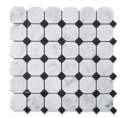 Carrara White Marble Honed Octagon Mosaic Tile w/ Black Dots - American Tile Depot - Commercial and Residential (Interior & Exterior), Indoor, Outdoor, Shower, Backsplash, Bathroom, Kitchen, Deck & Patio, Decorative, Floor, Wall, Ceiling, Powder Room - 1