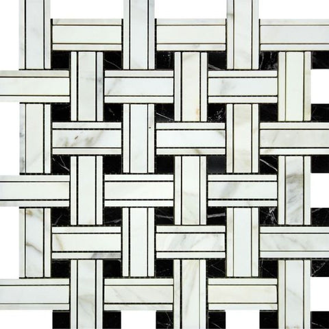 Calacatta Gold Marble Polished Triple Weave Mosaic Tile w / Black Dots