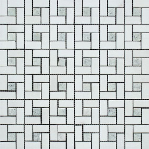Thassos White Marble Honed Pinwheel Mosaic Tile w/ Ming-Green Dots