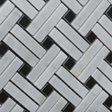 Carrara White Marble Polished Stanza Basketweave Mosaic Tile w/ Black Dots