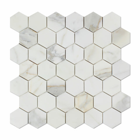 Calacatta Gold Marble Honed 2" Hexagon Mosaic Tile - American Tile Depot - Commercial and Residential (Interior & Exterior), Indoor, Outdoor, Shower, Backsplash, Bathroom, Kitchen, Deck & Patio, Decorative, Floor, Wall, Ceiling, Powder Room - 1