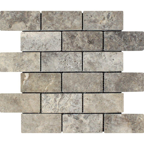 2 X 4 Silver Travertine Tumbled Mosaic Tile