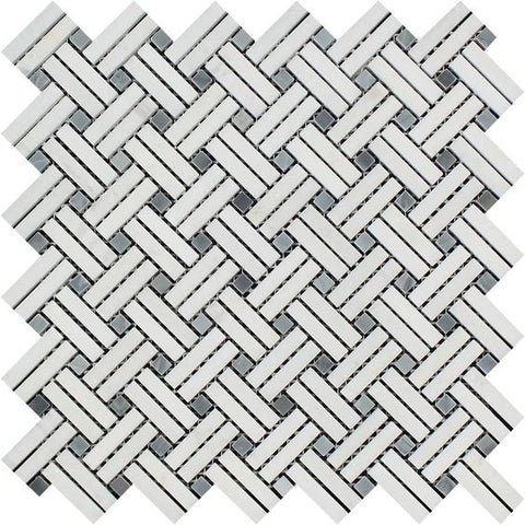 Thassos White Marble Honed Stanza Basketweave Mosaic Tile w/ Blue-gray Dots