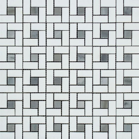 Thassos White Marble Polished Pinwheel Mosaic Tile w/ Blue-Gray Dots