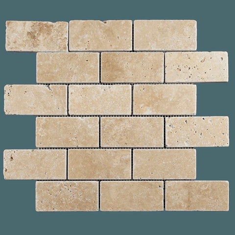 2 X 4 Walnut Travertine Tumbled Brick Mosaic Tile - American Tile Depot - Shower, Backsplash, Bathroom, Kitchen, Deck & Patio, Decorative, Floor, Wall, Ceiling, Powder Room, Indoor, Outdoor, Commercial, Residential, Interior, Exterior