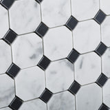 Carrara White Marble Honed Octagon Mosaic Tile w/ Black Dots
