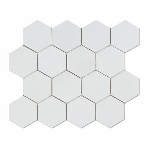 Thassos White Marble Honed 3" Hexagon Mosaic Tile - American Tile Depot - Commercial and Residential (Interior & Exterior), Indoor, Outdoor, Shower, Backsplash, Bathroom, Kitchen, Deck & Patio, Decorative, Floor, Wall, Ceiling, Powder Room