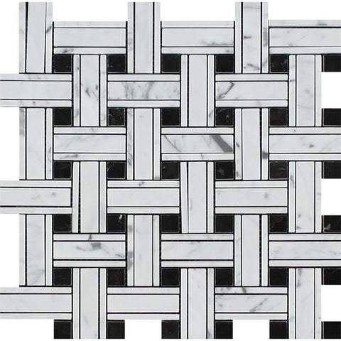 Carrara White Marble Honed Triple Weave  Mosaic Tile w / Black Dots