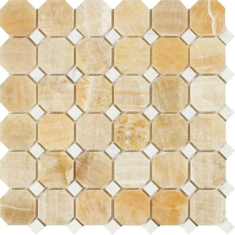 Honey Onyx Polished Octagon Mosaic Tile w / White Dots