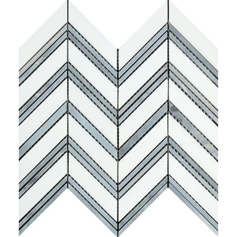 Thassos White Marble Honed Large Chevron Mosaic Tile w / Blue-Gray Dots Strips