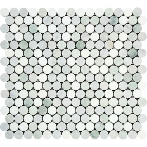 Thassos White Marble Honed Penny Round Mosaic Tile w/ Ming Green Dots