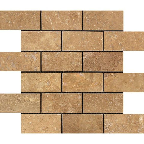 2 X 4 Noce Travertine Filled & Honed Brick Mosaic Tile - American Tile Depot - Shower, Backsplash, Bathroom, Kitchen, Deck & Patio, Decorative, Floor, Wall, Ceiling, Powder Room, Indoor, Outdoor, Commercial, Residential, Interior, Exterior