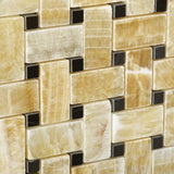 Honey Onyx Polished Basketweave Mosaic Tile w / Black Dots