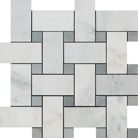 Oriental White / Asian Statuary Marble Honed Large Basketweave Mosaic Tile w / Blue Gray Dots