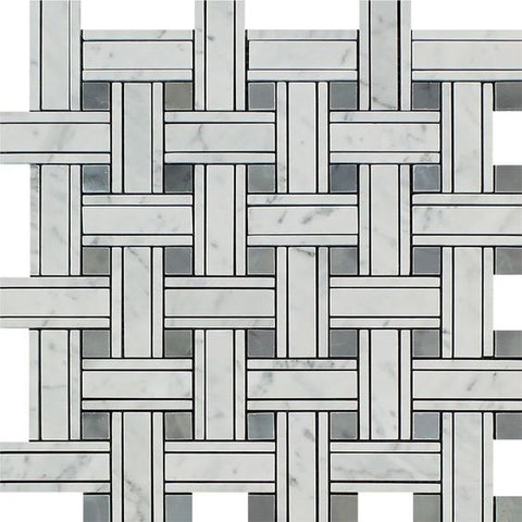 Carrara White Marble Honed Triple Weave  Mosaic Tile w / Blue Gray Dots
