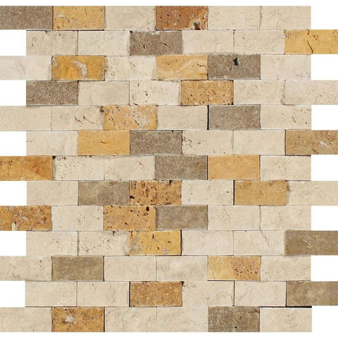 1 X 2 Mixed Travertine Split-Faced Brick Mosaic Tile - American Tile Depot - Shower, Backsplash, Bathroom, Kitchen, Deck & Patio, Decorative, Floor, Wall, Ceiling, Powder Room, Indoor, Outdoor, Commercial, Residential, Interior, Exterior