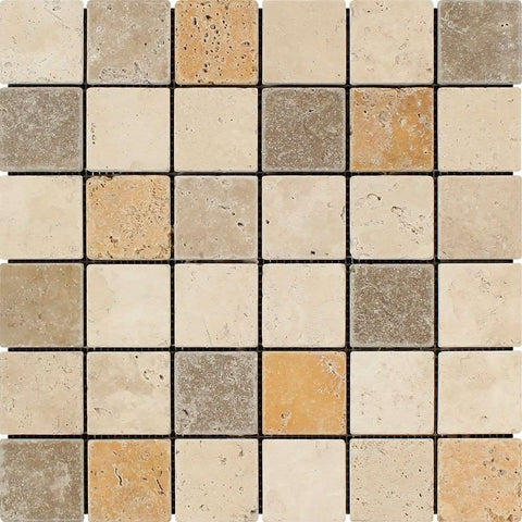 2 X 2 Mixed Travertine Tumbled Mosaic Tile - American Tile Depot - Shower, Backsplash, Bathroom, Kitchen, Deck & Patio, Decorative, Floor, Wall, Ceiling, Powder Room, Indoor, Outdoor, Commercial, Residential, Interior, Exterior