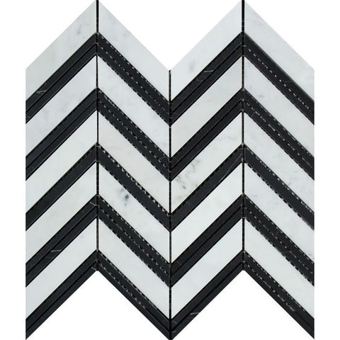 Carrara White Marble Polished Large Chevron Mosaic Tile w / Black Strips