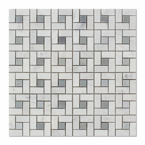 Carrara White Marble Honed Pinwheel Mosaic Tile w/ Blue-Gray Dots - American Tile Depot - Shower, Backsplash, Bathroom, Kitchen, Deck & Patio, Decorative, Floor, Wall, Ceiling, Powder Room, Indoor, Outdoor, Commercial, Residential, Interior, Exterior