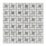 Carrara White Marble Polished Pinwheel Mosaic Tile w/ Blue-Gray Dots