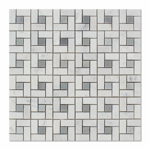 Carrara White Marble Polished Pinwheel Mosaic Tile w/ Blue-Gray Dots - American Tile Depot - Commercial and Residential (Interior & Exterior), Indoor, Outdoor, Shower, Backsplash, Bathroom, Kitchen, Deck & Patio, Decorative, Floor, Wall, Ceiling, Powder Room - 1