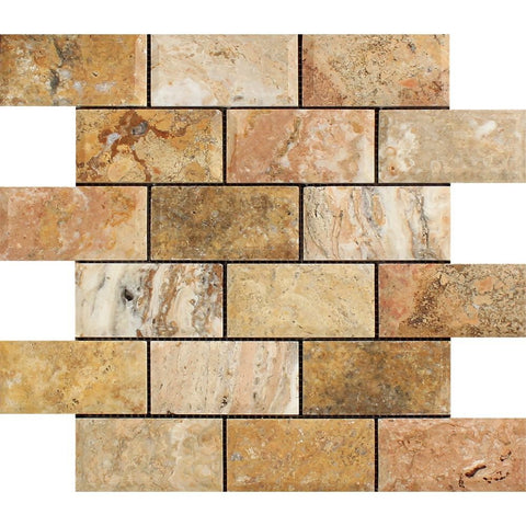 2 X 4 Scabos Travertine Honed & Beveled Brick Mosaic - American Tile Depot - Shower, Backsplash, Bathroom, Kitchen, Deck & Patio, Decorative, Floor, Wall, Ceiling, Powder Room, Indoor, Outdoor, Commercial, Residential, Interior, Exterior