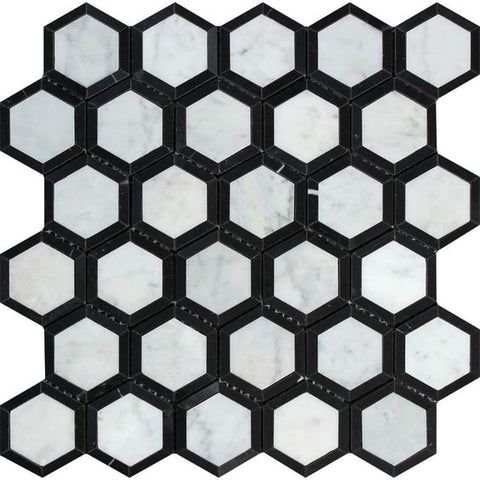 Carrara White Marble Polished 2" Vortex Hexagon Mosaic Tile w / Black