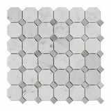 Carrara White Marble Polished Octagon Mosaic Tile w/ Blue-Gray Dots