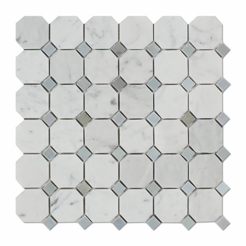 Carrara White Marble Polished Octagon Mosaic Tile w/ Blue-Gray Dots