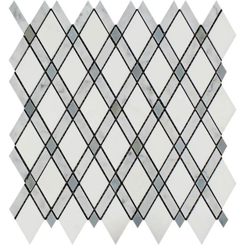 Thassos White Marble Honed Lattice Mosaic Tile w / Blue Gray Dots