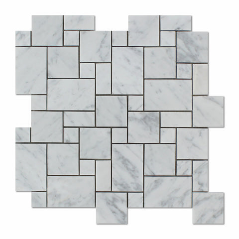 Carrara White Marble Polished Mini Versailles Mosaic Tile - American Tile Depot - Commercial and Residential (Interior & Exterior), Indoor, Outdoor, Shower, Backsplash, Bathroom, Kitchen, Deck & Patio, Decorative, Floor, Wall, Ceiling, Powder Room - 1