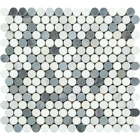 Oriental White / Asian Statuary Marble Polished Penny Round Mosaic Tile w / Blue Gray Dots