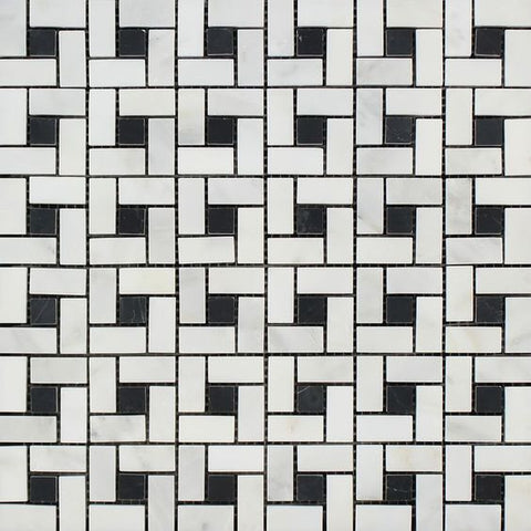 Oriental White / Asian Statuary Marble Polished Pinwheel Mosaic Tile w/ Black Dots - American Tile Depot - Shower, Backsplash, Bathroom, Kitchen, Deck & Patio, Decorative, Floor, Wall, Ceiling, Powder Room, Indoor, Outdoor, Commercial, Residential, Interior, Exterior
